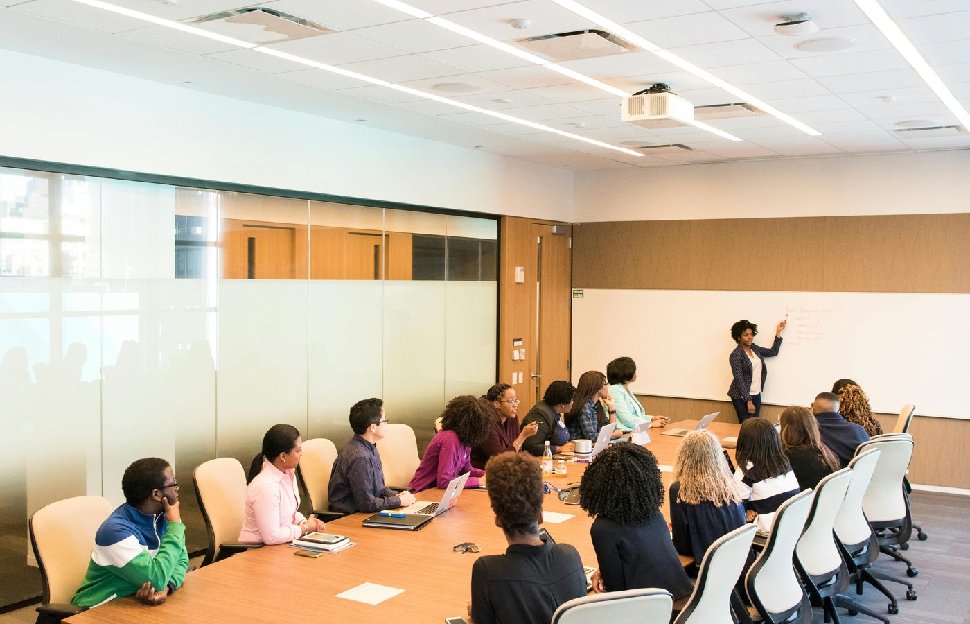 Large meeting room with presenter and audience
